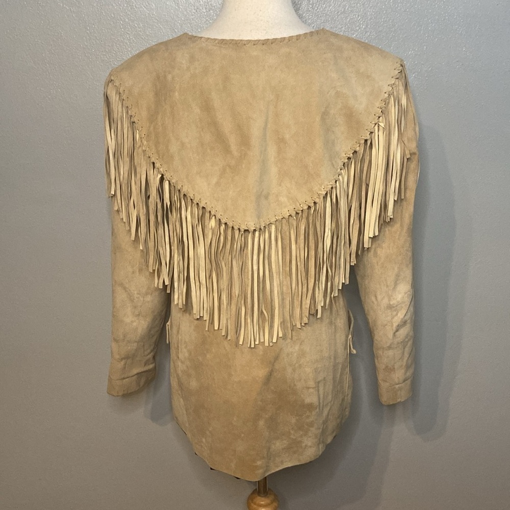 Leather Fringe Jacket By Team Work Pockets Nice Stitching Western Cowgirl Ranch - Picture 6 of 16